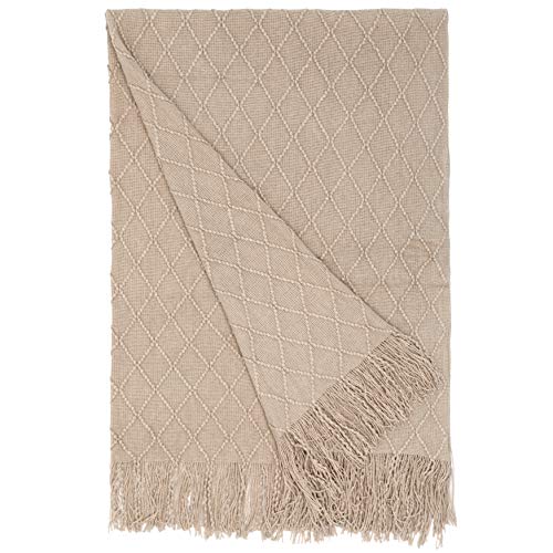 Decorative Diamond Pattern Knit Throw Blanket with Fringe, Khaki