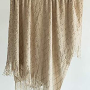 Decorative Diamond Pattern Knit Throw Blanket with Fringe, Khaki