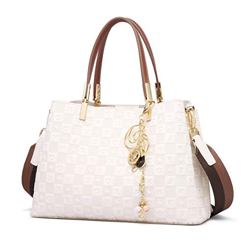 FOXER Leather Satchel Handbags for Women, Split Cowhide Alphabet Pattern Ladies Signature Top-handle Bag with Nylon Shoulder Strap Womens Fashion Purses and Handbags Women's Medium Tote (White)