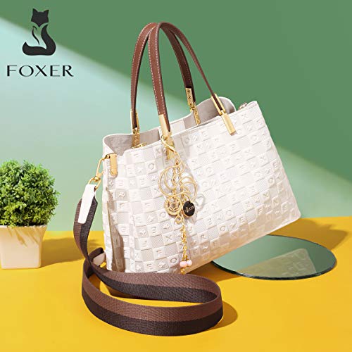FOXER Leather Satchel Handbags for Women, Split Cowhide Alphabet Pattern Ladies Signature Top-handle Bag with Nylon Shoulder Strap Womens Fashion Purses and Handbags Women's Medium Tote (White)