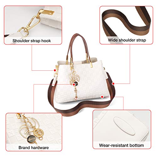 FOXER Leather Satchel Handbags for Women, Split Cowhide Alphabet Pattern Ladies Signature Top-handle Bag with Nylon Shoulder Strap Womens Fashion Purses and Handbags Women's Medium Tote (White)