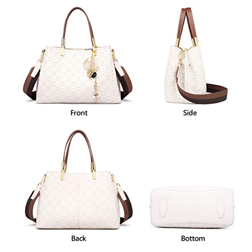 FOXER Leather Satchel Handbags for Women, Split Cowhide Alphabet Pattern Ladies Signature Top-handle Bag with Nylon Shoulder Strap Womens Fashion Purses and Handbags Women's Medium Tote (White)