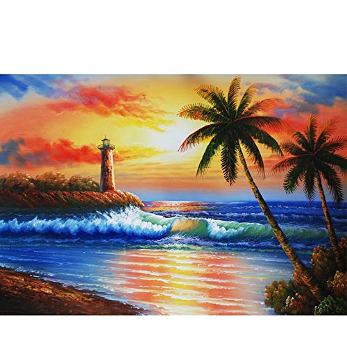 5D Diamond Gem Art Dotz Painting by Numbers DIY Kits for Adults Kids Beach Palm Tree Lighthouse Sunset Canvas Bedroom Living Room Home Office Modern Wall Art Decor