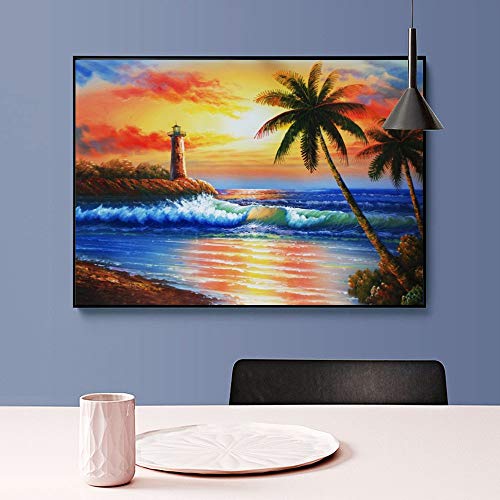 5D Diamond Gem Art Dotz Painting by Numbers DIY Kits for Adults Kids Beach Palm Tree Lighthouse Sunset Canvas Bedroom Living Room Home Office Modern Wall Art Decor