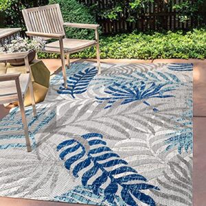 jonathan y amc100a-8 tropics palm leaves indoor outdoor area-rug bohemian floral easy-cleaning high traffic bedroom kitchen backyard patio porch non shedding, 8 x 10, gray/blue