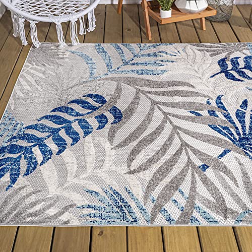 JONATHAN Y AMC100A-8 Tropics Palm Leaves Indoor Outdoor Area-Rug Bohemian Floral Easy-Cleaning High Traffic Bedroom Kitchen Backyard Patio Porch Non Shedding, 8 X 10, Gray/Blue