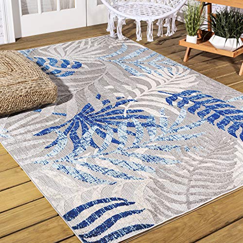 JONATHAN Y AMC100A-8 Tropics Palm Leaves Indoor Outdoor Area-Rug Bohemian Floral Easy-Cleaning High Traffic Bedroom Kitchen Backyard Patio Porch Non Shedding, 8 X 10, Gray/Blue