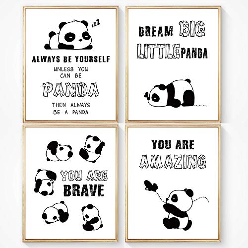 SUUURA-OO.Inspirational Panda Wall Art Prints, Unframed Adorable Panda Motivational Words Wall Art, Set of 4（8’’x10’’）Dream Big Little Panda Print for Nursery and Kids Room Decor (Black White)