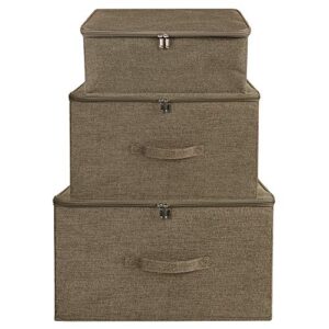 ANMINY Storage Bins with Zipper Lid Storage Boxes with Handles PP Plastic Board Foldable Lidded Cotton Linen Fabric Home Cube Basket Closet Clothes Toys Organizer Container - Coffee, Extra Large Size