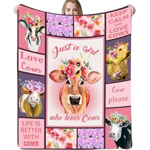 cow print blanket fleece blanket cartoon watercolor cow fall throw blanket cute pink farm animal plush blanket girls women sherpa blanket birthday gift (51″x59″(130x150cm))