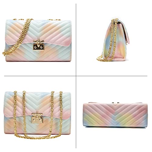 Small Quilted Purse Crossbody Bag for Womens Gold With Chain Strap Fashion Female Teen Girl G (Rainbow)