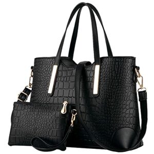 fivelovetwo women ladies 2pcs purse and handbags tote pu stiching top handle satchel shoulder bag clutches black