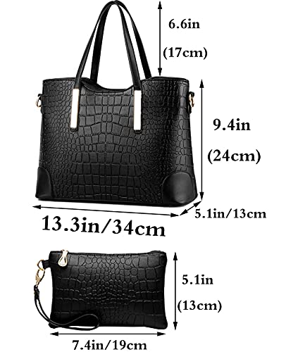 FiveloveTwo Women Ladies 2Pcs Purse and Handbags Tote PU Stiching Top Handle Satchel Shoulder Bag Clutches Black