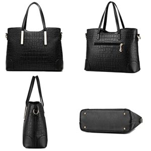 FiveloveTwo Women Ladies 2Pcs Purse and Handbags Tote PU Stiching Top Handle Satchel Shoulder Bag Clutches Black