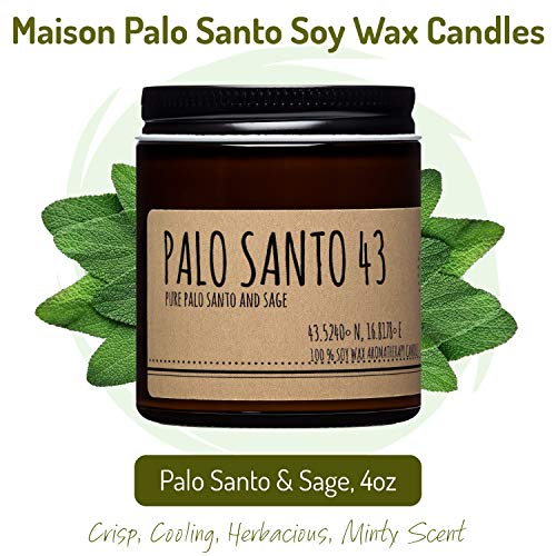 Maison Palo Santo Palo Santo from Ecuador and Greek Sage Essential Oils Aromatherapy Natural Soy Wax Candle for Home Cleansing Blessing Handcrafted in USA 4oz Gift Ready Free Palo Santo Included.