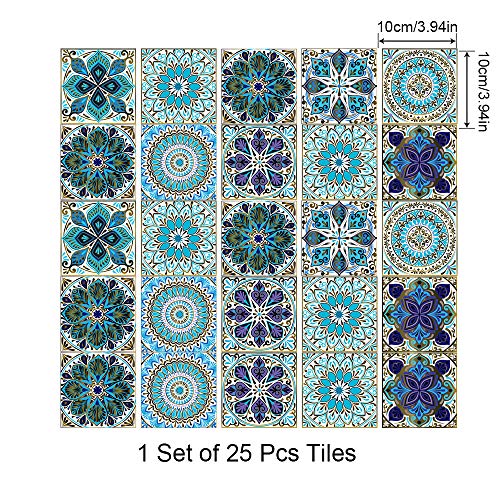 25 PCS Mandala Style Tile Sticker, 4x4 Inch(10x10cm) Traditional DIY Murals, Tile Waterproof Oil Proof Removable Decals for Bathroom & Kitchen Backsplash Oil Proof Wall Stickers (MTL-01)