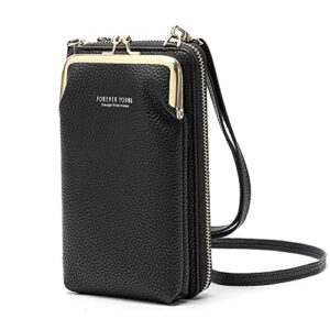 small crossbody phone bag for women cell phone purse wallet kiss lock cute shoulder bag with credit card slots (black-1)