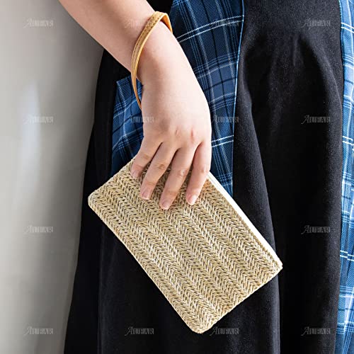 AUEAR, Women's Hand Wrist Type Straw Clutch Bag Bohemian Summer Beach Sea Handbag Purse Zipper Wristlet