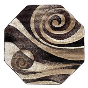 Nikos Sculpture Modern Octagon Area Rug Chocolate Brown Black & Beige Sculpture Design 258 (5 Feet 6 Inch X 5 Feet 6 Inch )