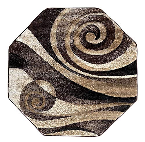 Nikos Sculpture Modern Octagon Area Rug Chocolate Brown Black & Beige Sculpture Design 258 (5 Feet 6 Inch X 5 Feet 6 Inch )