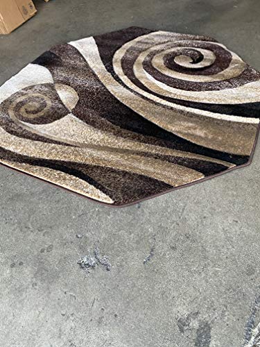 Nikos Sculpture Modern Octagon Area Rug Chocolate Brown Black & Beige Sculpture Design 258 (5 Feet 6 Inch X 5 Feet 6 Inch )