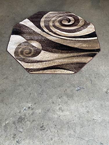 Nikos Sculpture Modern Octagon Area Rug Chocolate Brown Black & Beige Sculpture Design 258 (5 Feet 6 Inch X 5 Feet 6 Inch )