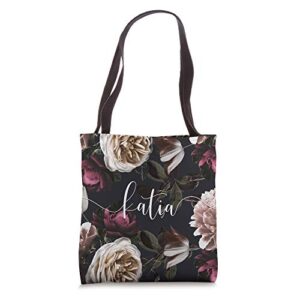 Katia - Elegant Floral Rose & Peony Personalized Name Tote Bag