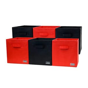kleafs 11 inch storage cubes, collapsible storage bins, clothes, toys and closet organizer for bedroom, nursery, playroom, living room – 6 pack (red & black).