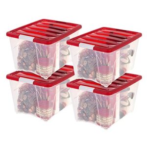 iris usa 54 qt. holiday storage bin with lid, 4-pack, stackable holiday storage container with lid and latching buckles for holiday decorations accessories and supplies, clear/red