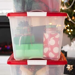 IRIS USA 54 Qt. Holiday Storage Bin with Lid, 4-pack, Stackable Holiday Storage Container with Lid and Latching Buckles for Holiday Decorations Accessories and Supplies, Clear/Red