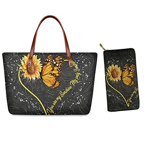 Yiekeluo Sunflower Butterfly Print Large Neoprene Top Handle Bag and Leather Wallet Purse 2 Piece Set for Women Ladies Gifts Elegant Shoulder Bags