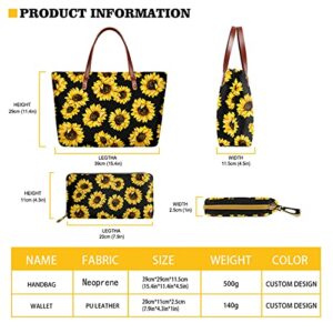 Yiekeluo Sunflower Butterfly Print Large Neoprene Top Handle Bag and Leather Wallet Purse 2 Piece Set for Women Ladies Gifts Elegant Shoulder Bags