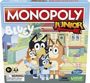 monopoly junior: bluey edition board game for kids ages 5+, play as bluey, bingo, mum, and dad, features artwork from the animated series (amazon exclusive)