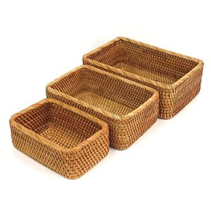 rattan baskets for storage rectangular wicker basket for organizing woven basket organization and storage for countertop living room home decor stackable set of 3 (honey brown)