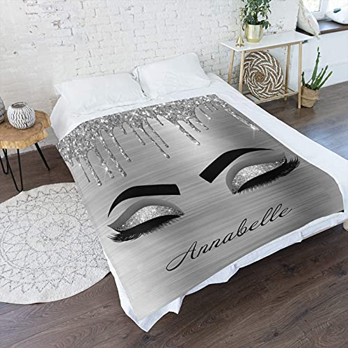 CUXWEOT Custom Blanket Personalized Silver Glitter Sparkle Eyelashes Print Soft Fleece Throw Blanket with Name for Gifts Sofa Bed 50 X 60 inches