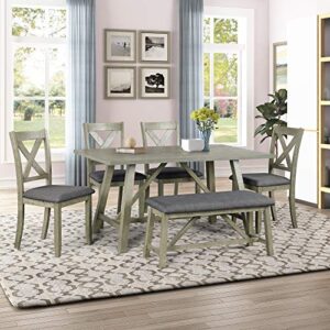 merax 6-piece rustic style rectangular wooden dining table set with padded bench and 4 chairs, gray