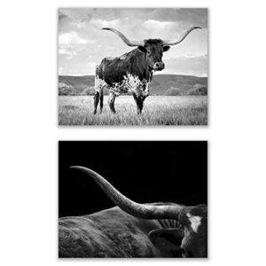 black and white texas longhorn prints – set of 2 (11×14 inches) glossy minimalist monochromatic barn farm cow western rustic farmhouse wall art decor