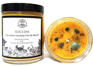 success affirmation soy candle with raw emeralds and pyrite crystals for (wiccan, pagan, magick, spirituality)