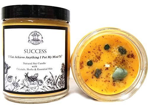 Success Affirmation Soy Candle with Raw Emeralds and Pyrite Crystals for (Wiccan, Pagan, Magick, Spirituality)