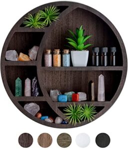 crescent moon shelf wall decor – rustic wooden moon shelf for crystals, stones & essential oils – wall-mounted & easy to hang – boho shelf for nursery or bedrooms – 14 x 14 x 3.5 in. (dark brown)