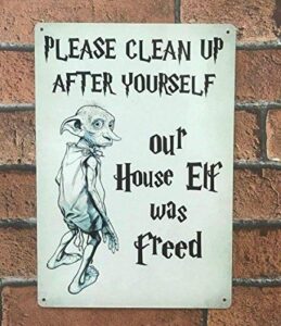 retro vintage metal plaque sign please clean up after yourself our house elf was freed for garage home bar kitchen pub wall decor signs 12x8inch