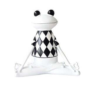 yoga frog resin statue, smiling frog sitting in meditation black and white check stripe printing for home desk office bathroom decoration garden statue indoor and outdoor decorative ornaments