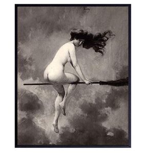 vintage goth home decor – witch on broomstick wall art – creepy spooky halloween gift for witchcraft, wicca, wiccan, occult fan – 8×10 retro poster picture print