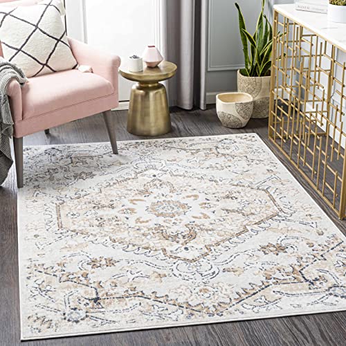 Mudgee Persian Oriental 7'9" x 9'6" Living Room Bedroom Boho Large Area Rug - Bohemian Farmhouse Indoor Carpet - Vintage Distressed Medallion Motif - Soft & Neutral - Tan, Brown, Cream, Beige