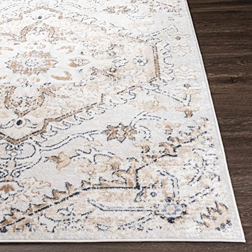 Mudgee Persian Oriental 7'9" x 9'6" Living Room Bedroom Boho Large Area Rug - Bohemian Farmhouse Indoor Carpet - Vintage Distressed Medallion Motif - Soft & Neutral - Tan, Brown, Cream, Beige