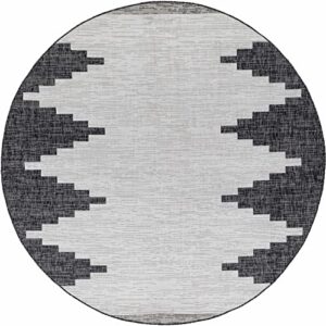 djugun indoor outdoor round area rug – outside porch patio rug carpet – waterproof rug – southwestern tribal look – 5’3″ circle/circular – black, off white, gray