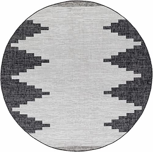 Djugun Indoor Outdoor Round Area Rug - Outside Porch Patio Rug Carpet - Waterproof Rug - Southwestern Tribal Look - 5'3" Circle/Circular - Black, Off White, Gray