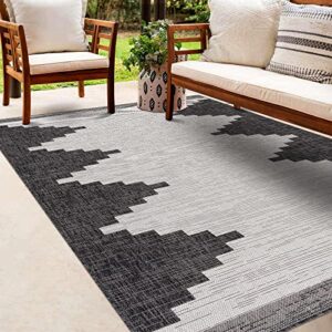 Djugun Indoor Outdoor Round Area Rug - Outside Porch Patio Rug Carpet - Waterproof Rug - Southwestern Tribal Look - 5'3" Circle/Circular - Black, Off White, Gray