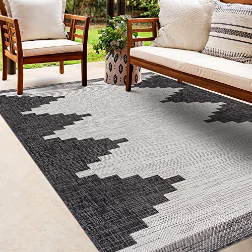 Djugun Indoor Outdoor Round Area Rug - Outside Porch Patio Rug Carpet - Waterproof Rug - Southwestern Tribal Look - 5'3" Circle/Circular - Black, Off White, Gray