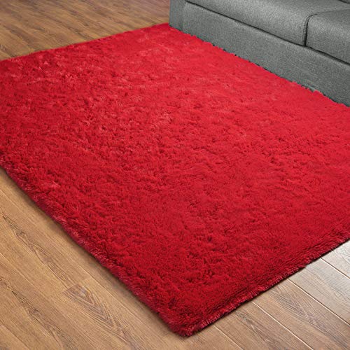 DETUM Soft Red Bedroom Area Rugs 3' X 5' Fluffy Fur Rug for Living Room Kids Room Nursery Room Shag Plush Floor Carpet Indoor Non-Slip Mat Modern Home Decor, 3x5 Ft, Red